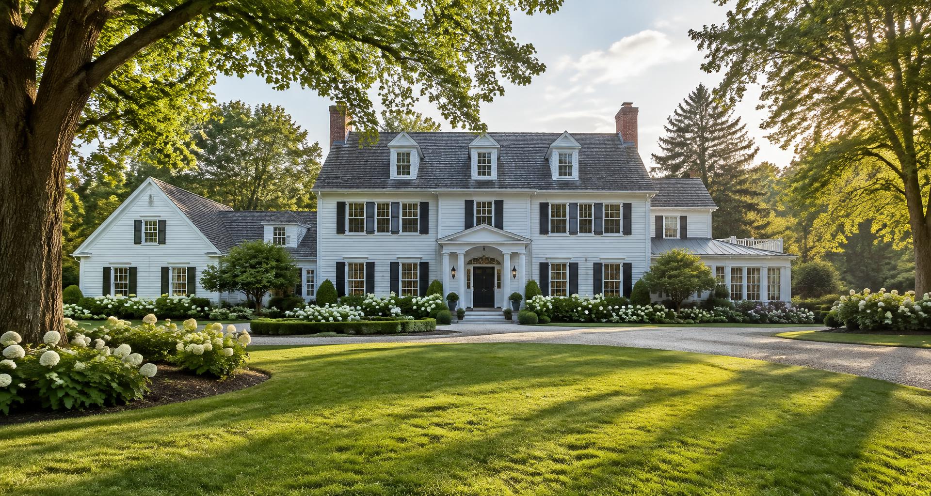 Illustrative Connecticut colonial estate surrounded by mature gardens